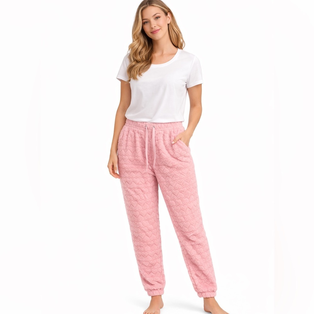 SMALL Crave Fame Fuzzy joggers /soft Pink Heart Pajama Pants - Picture 2 of 7